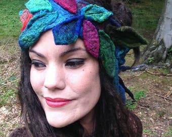 The 'Alfri' Faery Headdress, Felted Headband, Gypsy HeadScarf, Hippie, Festival Wreath of Embroidered Felt Leaves OOAK
