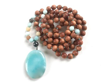 Amazonite Sandalwood Mala Beads, Earthy Mala Necklace, 108 Mala Bead Necklace, Yoga Meditation Beads, Yoga Jewelry, Hand Knotted Mala