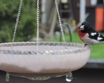 PINK Hanging Glass Bird Feeder Bird Bath Vintage Light Shade Glass Recycled