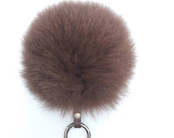 Fox Fur bag charm, fur pom pom keychain, fur ball keyring purse pendant brown