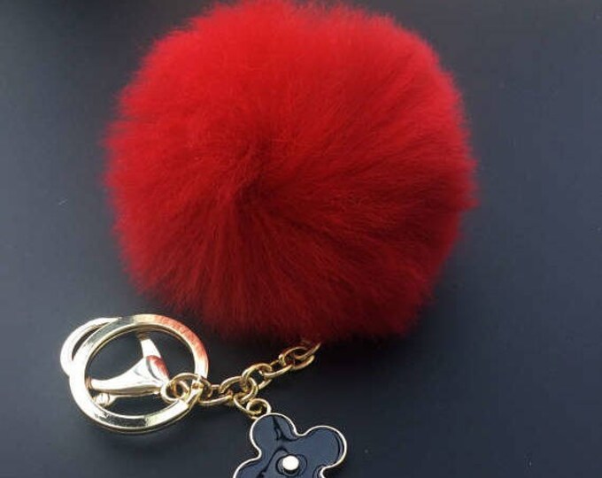 Red Genuine Rabbit fluffy ball furkey fur ball pom pom keychain for car key ring Bag Pendant