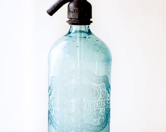 1900s French Blue Glass Siphon / Seltzer Bottle - Turquoise Blue Glass French Syphon - La Petillante - Free Shipping Within the USA