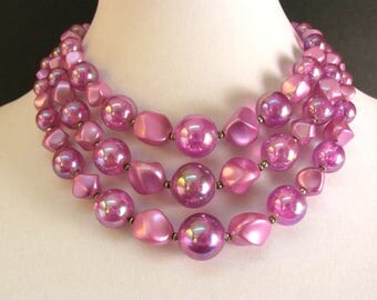 Vintage 1950s Multi Strand Necklace Raspberry Pink