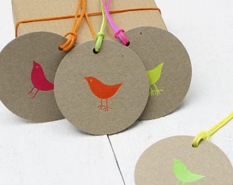 ON SALE Neon Birdie Gift Tags - Neon Gift Wrap - Kraft Gift Tags - Round Tags - Bird