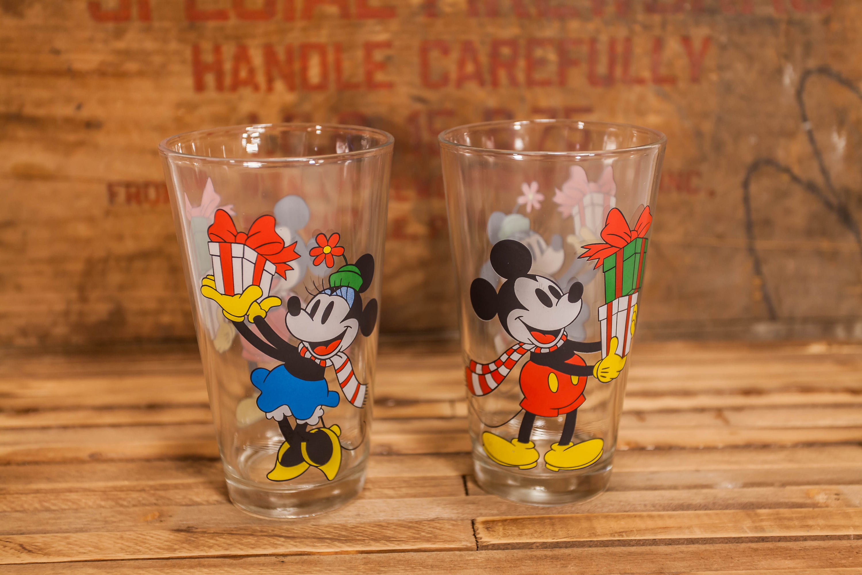 Vintage Mickey Mouse Minnie Mouse Tumbler Glasses Drinking Set Of 2 Walt Disney Christmas T 4283