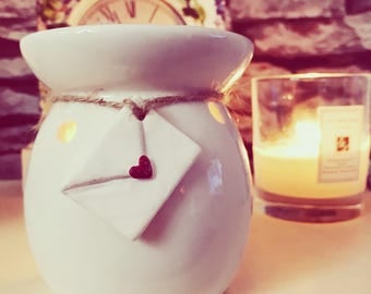 Ceramic wax burner/oil burner with heart clay envelope tag - home fragrance - wax melt - home interior