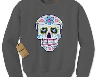 Sugar Skull White Print Dia De Los Muertos Adult Crewneck Sweatshirt