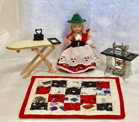 Miniature vintage doll house sewing machine, mini iron, ironing board and miniature handmade quilt