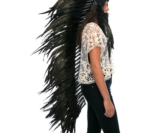 Extra Long Artisan Feather Headdress - Costume Headpiece Inspired by Native American Headdress aka Indian Headdress - SUPER BLACK Rooster