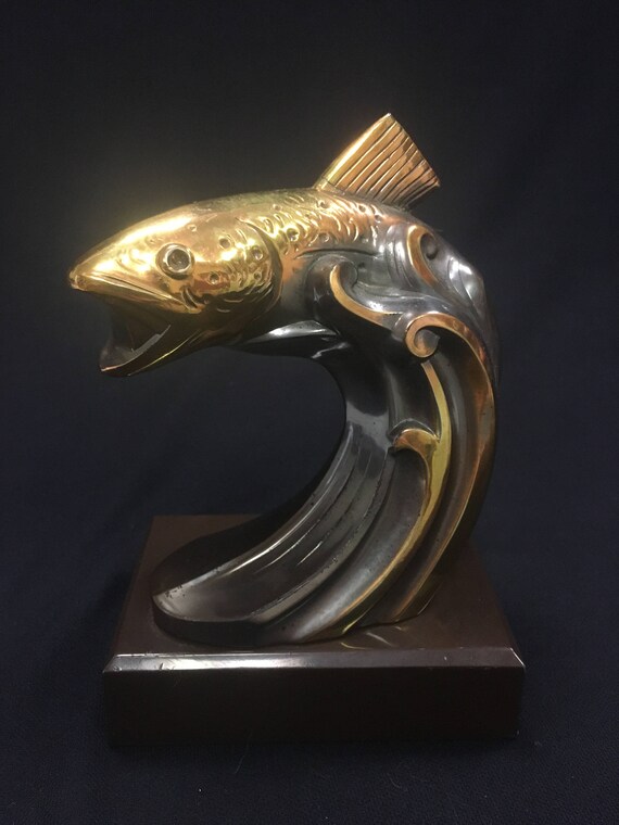 Heavy Bronze Brass Bass Fish Sculpture Statue Out of the Water