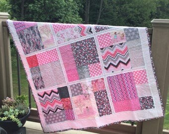 Pink and gray baby quilt, modern patchwork design