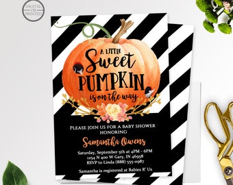 A Little Pumpkin Baby Shower Invitation | A Little Sweet Pumpkin | Halloween Baby Shower | Fall Baby Shower Invitation | Black and White