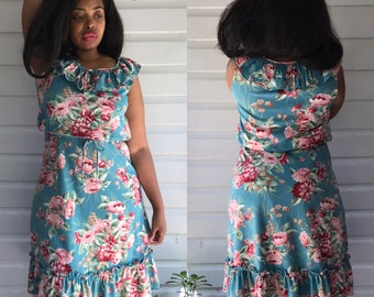 Vintage 1980s Green & Pink Floral Ruffle Dress size L/XL