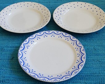 Three antique plates: 2 blue polka dot and 1 beautiful art deco cobalt blue decoration by Nimy in Belgium. Vintage early 1900's. Spritzdekor