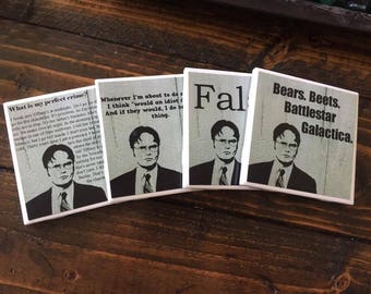 The Office Coasters | Dwight Schrute - Set of 4 - Comedy Coasters - Favorite TV Show - Best Quotes - Living Room Decor - Drink Coasters
