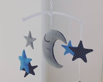 Musical mobile Royal Blue and gray "the Moon watches over the stars"