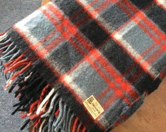 1960's New Zealand wool travel rug Onehunga Tiki large 56" × 72" fringed Woolen Picnic Blanket throw, caravan , red, grey, black plaid ,