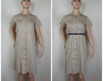 Vintage Womens LL Bean Beige / Tan Button Front Shirt Short Sleeve Cotton Dress | Size M