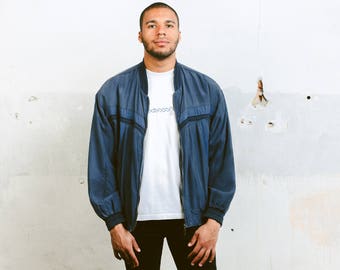 Mens Silk Bomber Jacket . Vintage Spring Jacket Blue Bomber Jacket Oversized Men Jacket Retro 90 Jacket Windbreaker Outerwear . size XL