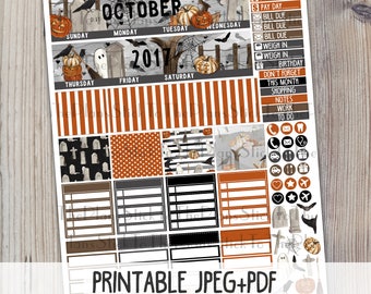October Monthly printable planner stickers for your Erin Condren LifePlannerTM watercolor halloween graveyard ghost monthly sticker kit
