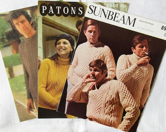 3 Vintage Knitting Patterns for Men's, Women's & Children's Aran V-neck, Polo Neck and Round Neck Sweaters (122)