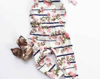 Striped Floral Romper; Baby Girl Romper; Girl's Jumpsuit; Ivory Romper; Baby Girl Outfit; Baby Gift; Handmade Romper; Matching Sisters;