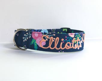 Blue Floral Dog Collar, Embroidered Dog Collar, Personalized Dog Collar, Dog Collar, Dog Collar, Collar, Blue & Pink Dog Collar
