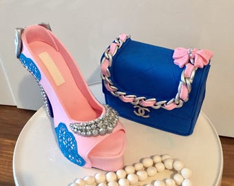 Sugar gumpaste fondant set high heel shoe purse and chanel necklace cake topper
