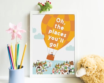 SALE. Oh, the places you'll go! Great trip in balloon over Earth planet. Nursery decor. Nursery graphic. Printable and instant downloadable.