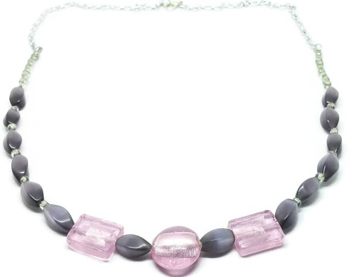 Pink Lampwork and Purple Glass Beaded Necklace, Long Beaded Necklace, Unique Birthday Gift, Gift for Her, Pink & Purple Necklace