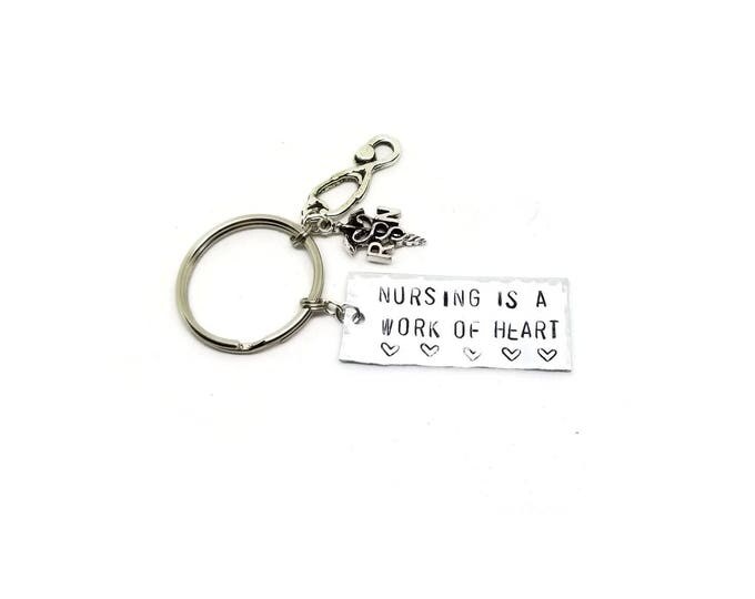 Nursing is a Work of Heart Hand Stamped Key Chain, Gift for Nurses, Nurse Keychain, Stethoscope Charm, Caduceus Charm Key Chain