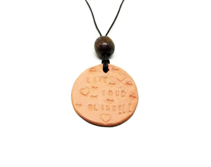 Terracotta Clay Essential Oil Diffusing Necklace, Aromatherapy Clay Necklace, Hand Stamped Adjustable Necklace, Unique Birthday Gift