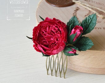 Deep pink rose Roses Hair Comb Hair accessories Boho Wedding Vintage style Rose Wedding hair comb Burgundy Flower comb Nature Gift for her