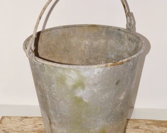 Gray galvanized metal bucket,handle,porch decor,outdoor planter,firewood storage,#1314,patina,10.5" high,diary farm pail,garden bucket,decor