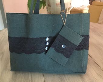Blue lace coated canvas bag