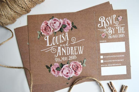 Rustic Rose Wedding Invitation and Rsvp Postcard (sample)