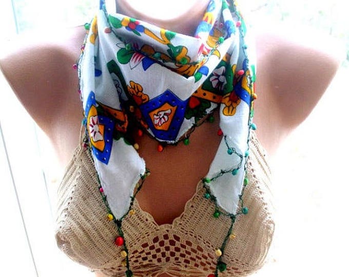 Cotton Bead Scarf, Crochet Scarf, Beaded Boho scarf, Summer cotton scarf, Headband, Turkish oya scarves, Crocheted Bandana