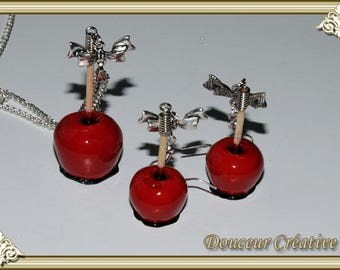 Set necklace earrings red apples love 105002