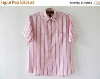CIJ SALE Striped Linen Shirt Men Linen Shirt Button up Shirt Men Summer Shirt Pink Linen Shirt Short Sleeve Chemise Country Wedding Shirt La