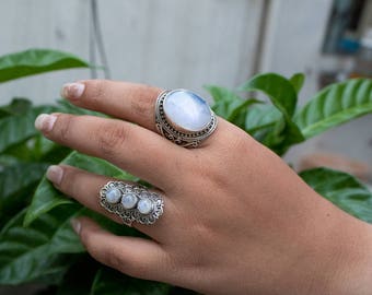 Natural Rainbow Moonstone Gemstone Pure 925 Sterling Silver Ring, Healing Ring, Boho Ring, Blue Flash Moonstone Ring, Gypsy Ring