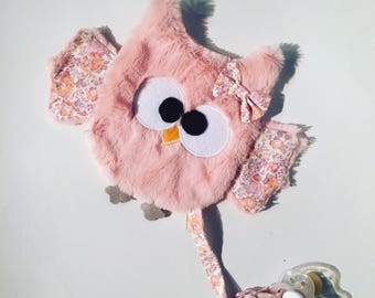 Blanket pacifier OWL / OWL / owl / owls / OWL in pink minky soft and liberty. French manufacturing