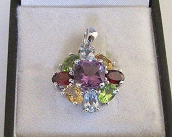 Jeweled pendant on fine silver, Amethyst, Peridot, Topaz, citrine