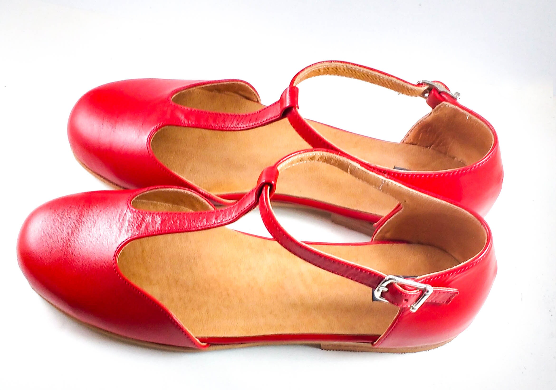 Red leather Mary Jane shoes t strap leather shoes flat shoes