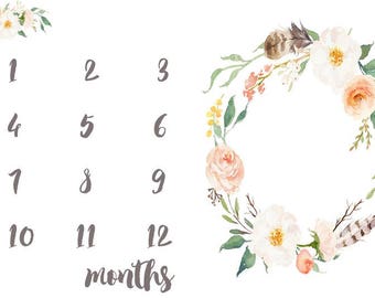 Baby Milestone Fabric in Peach Florals. Calendar First Year Newborn Photo Prop Monthly Newborn Photography Flowers Flower Girl Bohemian Kids