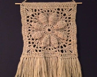 Crochet Wall Hanging with Fringe - Macrame style wall art in recycled wool!