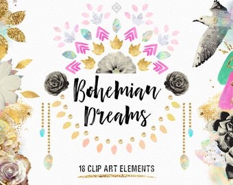 Bohemian Boho Clipart Tribal Clip Art Wanderlust Floral Flowers Mandala Gold Glitter Geometric Moon Arrow Doodles Hippie Modern Wedding Glam