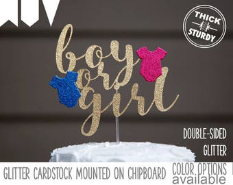Boy or Girl cake topper, Gender reveal cake topper for baby shower, Gold Glitter party decorations, cursive topper