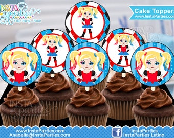 Harley Quinn cupcake toppers DIGITAL harlequin download cake topper toper superhero superheroes suicide squad tags labels Birthday Party