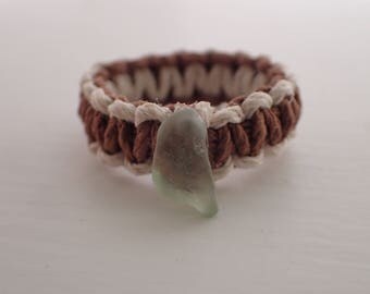 Earth Orange/Brown Hemp Ring with Light Green Sea Glass