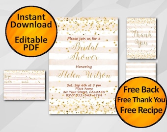 Bridal shower invitation Instant Download SALE 60% OFF free recipe free thank you free back confetti peach stripped editable X325ps4